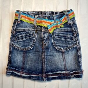 Mary-Kate and Ashley Girls Denim Mini Skirt Size 6 Blue Ric Rac Belt Y2K Boho